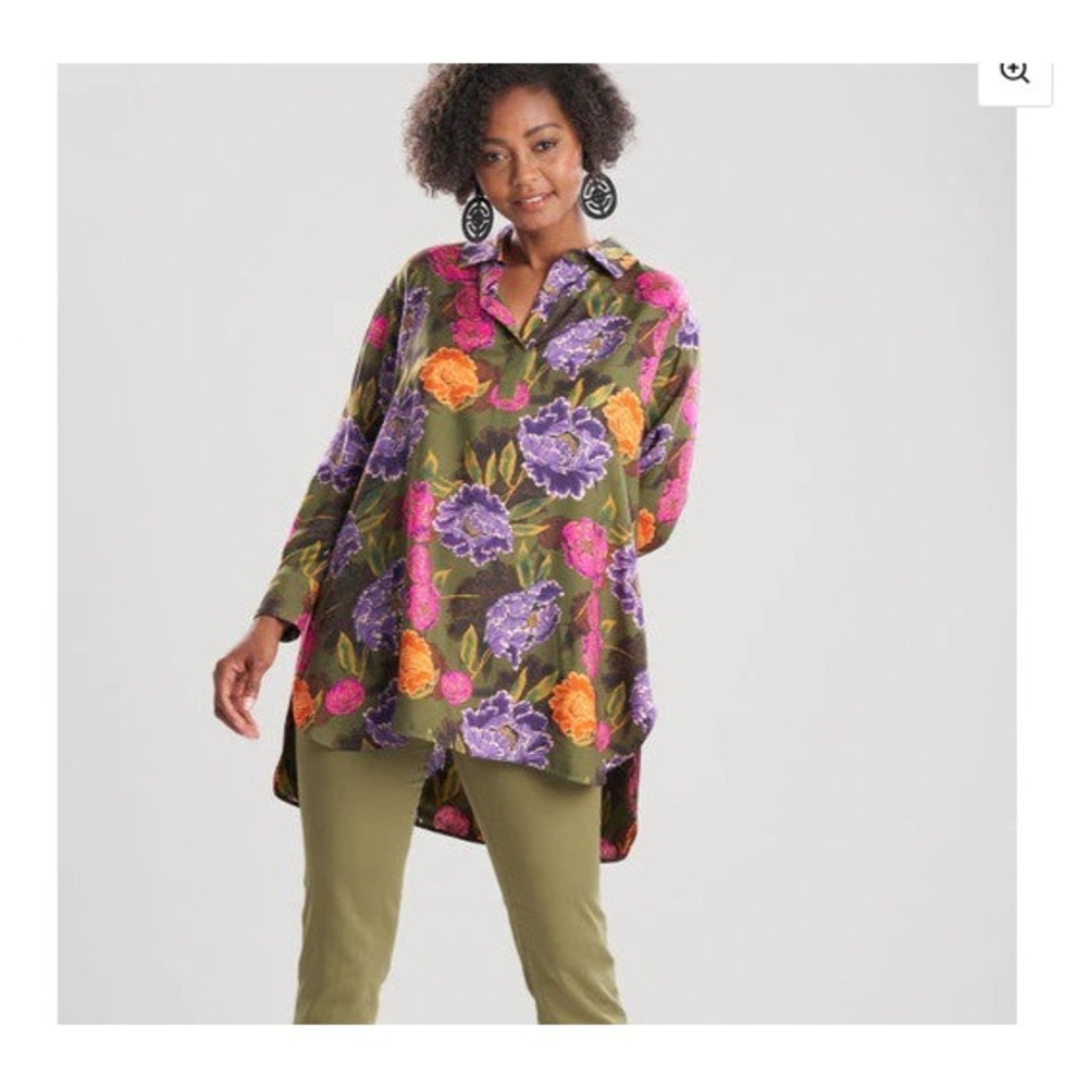 NWTs Natori SHUGOβ Cotton Silk Blend Shirt Blouse Olive Floral Size XL